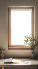A serene workspace featuring a window, plants, and an open book on a desk.