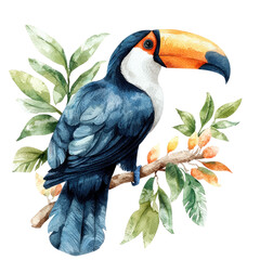 Detailed Illustration of a Colorful Toucan Perched Among Lush Green Leaves in a Vibrant Nature Setting