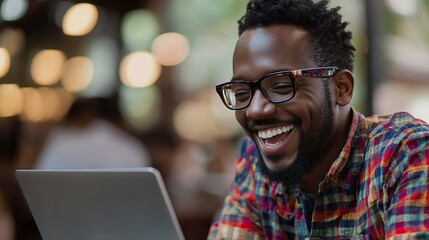 Fototapeta premium Smiling Man In Glasses Using Laptop Indoors Cozy Modern Cafe Bright Atmosphere