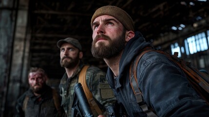 Fototapeta premium Three men with beards and military gear are standing in a dark room