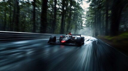 Fototapeta premium A race car is speeding down a wet road in a forest