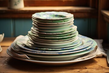 Stack of green and blue ceramic tableware on rustic wooden table