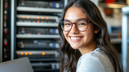 Smiling IT Technician Laptop Data Center Operating Servers Confidently