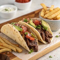 Delicious Two Half French Tacos Sandwich With Beef And French Fries.