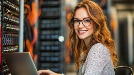 Technician Smiling in Data Center Managing Servers Confidently Laptop