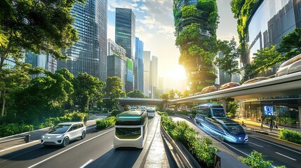 Fototapeta premium Urban Oasis of 2025: Autonomous Electric Vehicles on Smart Roads, Flanked by Vertical Gardens and Solar Arrays - Epitome of Sustainable Innovation