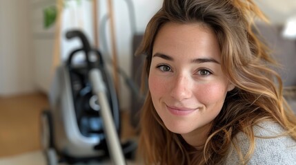 Smiling Woman with Vacuum Cleaner in Background