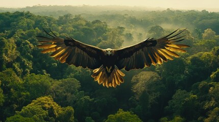 Obraz premium Majestic eagle in flight over lush green rainforest at sunrise.