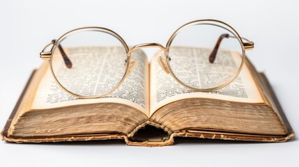 Round eyeglasses sit on an open aged book, evoking a sense of nostalgia and the pursuit knowledge.