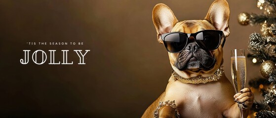 Stylish French Bulldog Celebrates Christmas with Champagne and Sunglasses