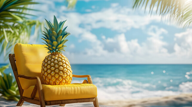 Golden Pineapple on Yellow Chair by the Tropical Beach