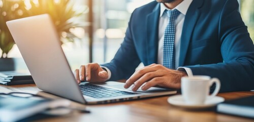 Fototapeta premium A businessman working on a laptop in a stylish home office with a modern desk and contemporary decor