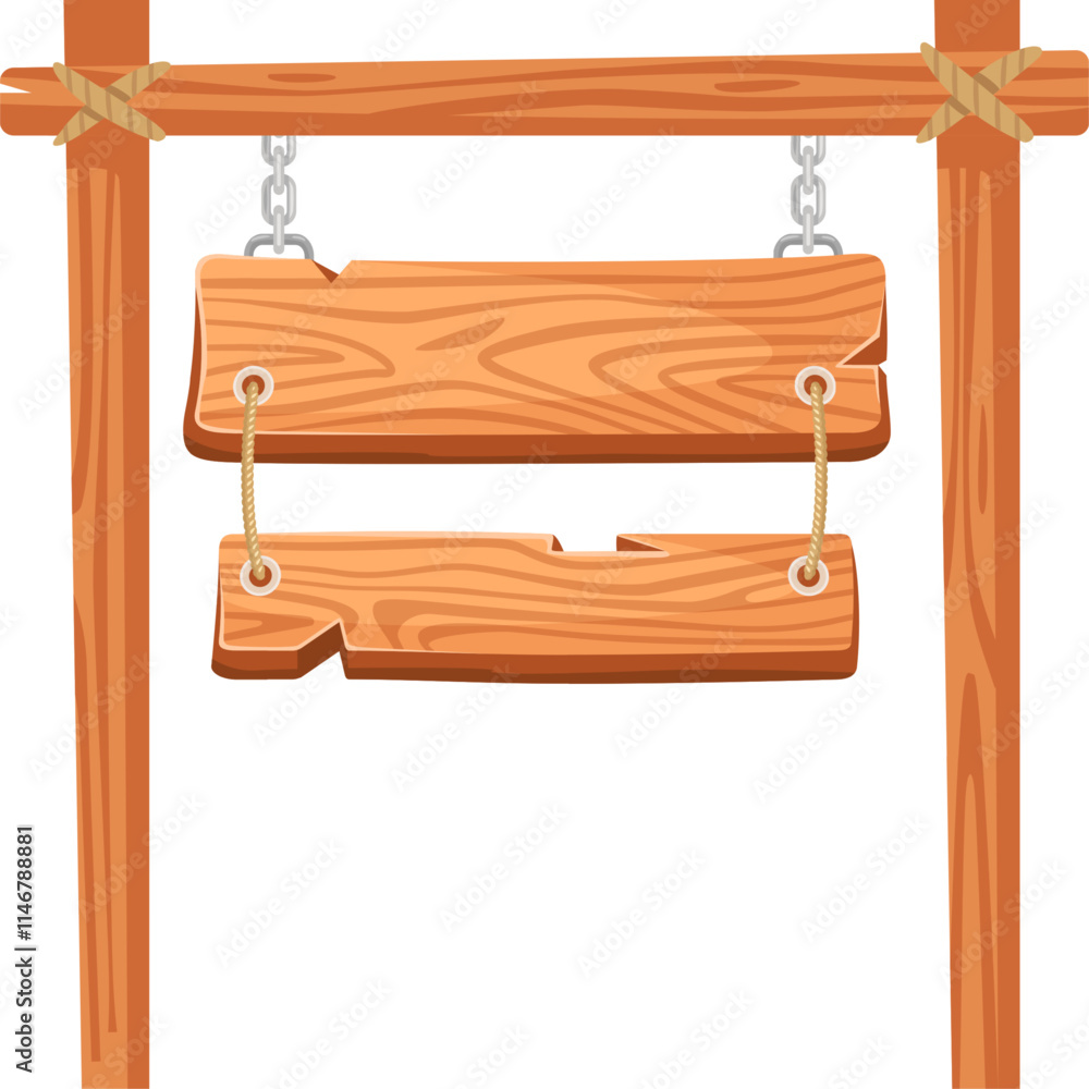 Poster two wooden planks hanging from sturdy metal chains and ropes, supported by additional wooden ties, c