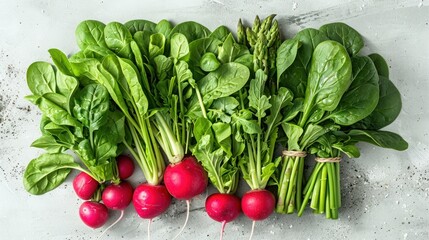 Freshly Harvested Radishes, Spinach, and Asparagus: A Vibrant Display of Spring Vegetables