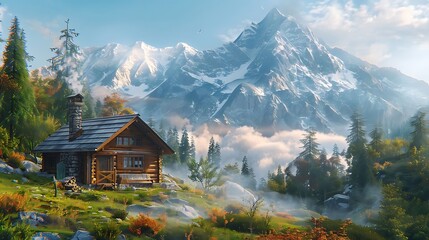 Fototapeta premium Nature’s majestic mountains stand as timeless sentinels, their towering peaks reaching skyward and draped in vibrant hues of green, gray, and white. Blanketed by lush forests at their base, these gian