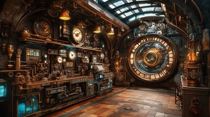 Obraz premium A Steampunk Inspired Room Featuring an Abundance of Clocks and Gears Amidst a Warm Brown and Orange Color Scheme.