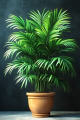 Obraz premium Lush green potted palm plant against dark background.
