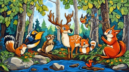 Naklejka premium Deer, squirrels, birds, and fox gather by a forest stream.