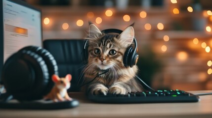 A cat wearing a headset sitting at a desk with a microphone, pretending to be in a virtual meeting