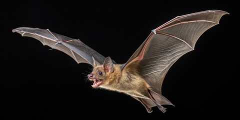 A Brown Bat in Flight with Its Mouth Open, Showing Sharp Teeth and Detailed Wing Structure