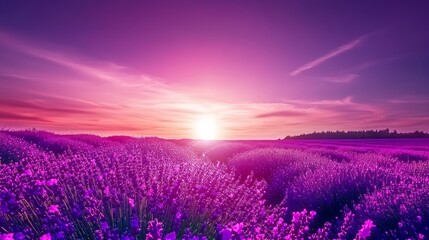 Naklejka premium Deep purple lavender fields under a sunset-lit horizon, panoramic shot, Minimalist style