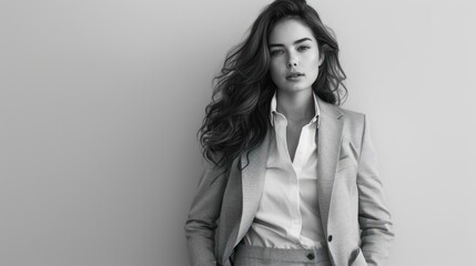 Fototapeta premium Monochromatic Elegance: A Portrait of a Confident Woman in a Stylish Blazer