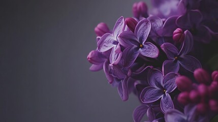 Deep purple lilacs against a muted gray backdrop, close-up shot, Minimalist style