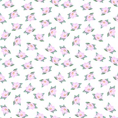 Watercolor illustration of a single pink flower with yellow center green and leaves white background. Ideal for textile, wallpaper, wrapping, cards, design and decorative use 