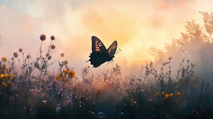 Butterfly in flight over misty sunrise meadow.