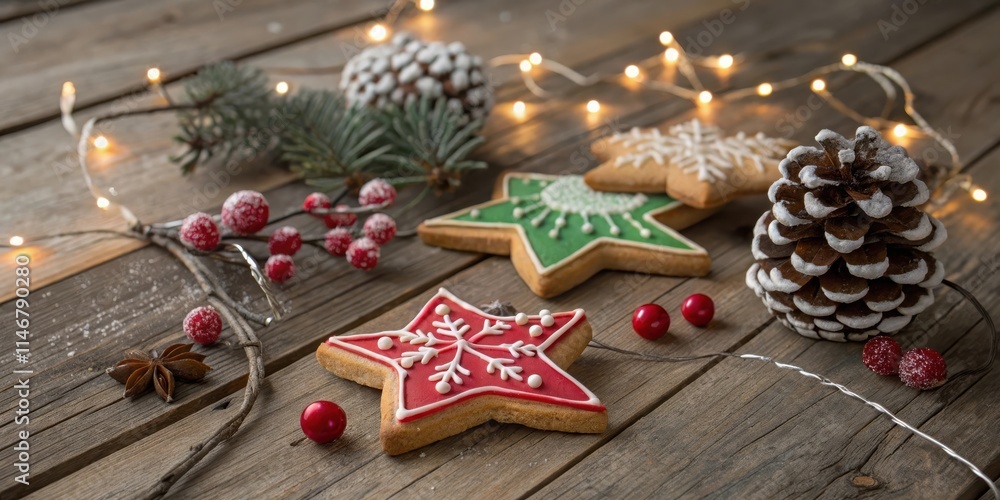 Poster festive star-shaped cookies adorned with delicate icing and surrounded by twinkling lights and winte