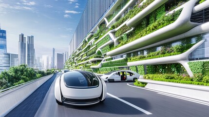 Urban Oasis of 2025: Autonomous Electric Vehicles on Smart Roads, Flanked by Vertical Gardens and Solar Arrays - Epitome of Sustainable Innovation