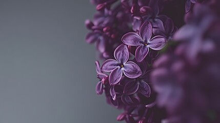 Deep purple lilacs against a muted gray backdrop, close-up shot, Minimalist style