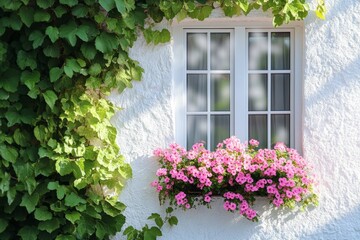 A charming window adorned with pink flowers and green vines, showcasing a serene outdoor view.