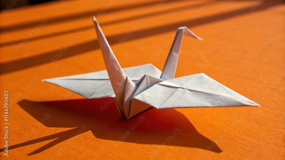 Poster a delicate white origami crane, meticulously folded, rests on a vibrant orange background, casting a