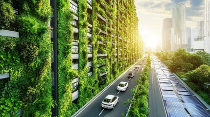 Urban Oasis of 2025: Autonomous Electric Vehicles on Smart Roads, Flanked by Vertical Gardens and Solar Arrays - Epitome of Sustainable Innovation