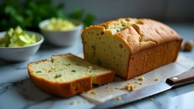 A loaf of zucchini bread with small bowls of grated zucchini and chopped herbs