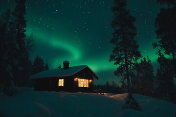 Majestic Northern Lights Over Snowy Forest Lake Landscape at Night Generative AI Image