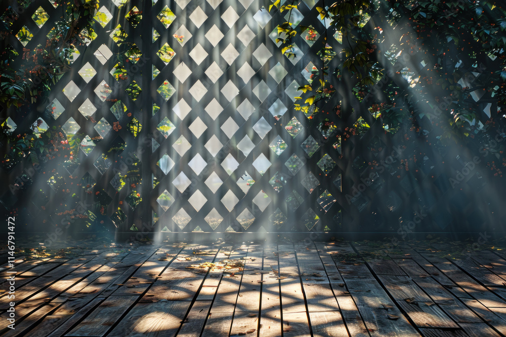 Aufkleber sunlight streaming through lattice in a serene garden setting with wooden floor and scattered leaves