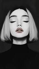 A striking black-and-white portrait of a woman with a bob hairstyle, closed eyes, and bold lips, exuding elegance and calmness.
