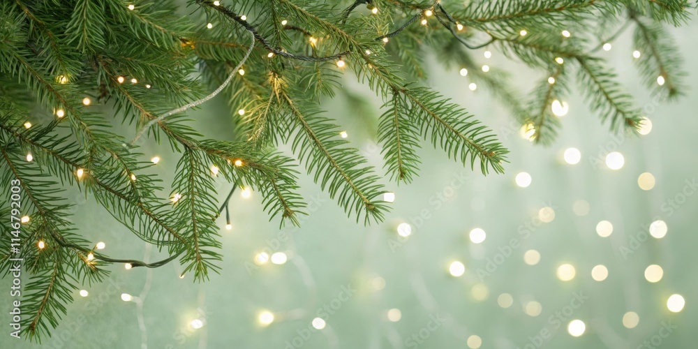 Poster a close-up of evergreen branches adorned with warm white fairy lights, creating a festive and magica