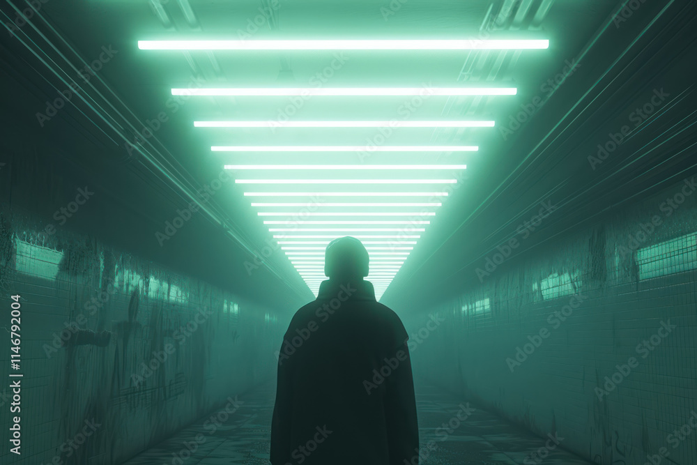 Poster mysterious figure walking through an illuminated tunnel with neon lights at nighttime. generative ai