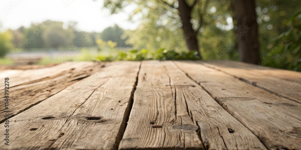 Poster Rustic Wooden Tabletop with Blurred Green Background, Perfect for Displaying Products or Creating a Natural Atmosphere