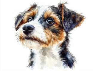 Adorable small dog with unique fur patterns looking curiously at the viewer in a bright setting