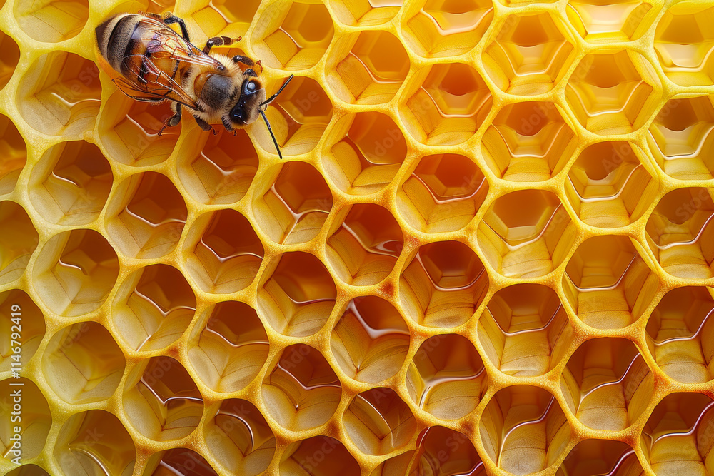 Poster honey bee collecting nectar from a freshly built honeycomb in a vibrant hive during the warm afterno