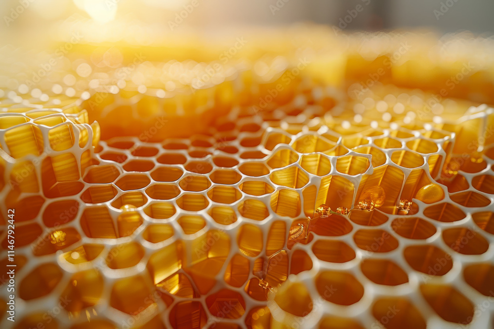 Poster close-up view of honeycomb filled with golden honey captured in a warm light setting. generative ai
