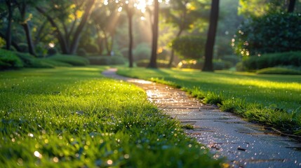 Obraz premium Serene Morning Stroll: Dew-Kissed Path Through Lush Green Park