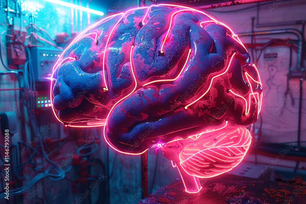Poster bright neon brain sculpture illuminated in a futuristic lab setting showcasing creativity and innova