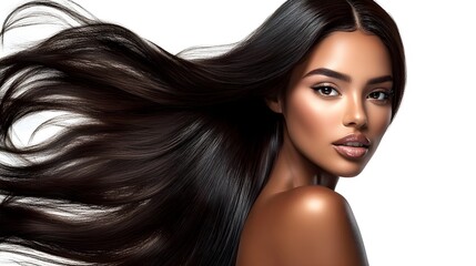 Obraz premium Insanely detailed photo of a beautiful woman with long black hair, she is posing for the camera on a light background. Generative AI.
