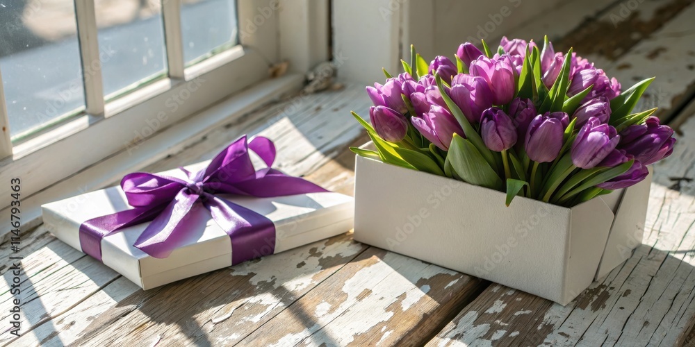 Poster A white gift box with a purple ribbon and a bouquet of purple tulips in a white box on a rustic wooden surface with natural light streaming in through the window