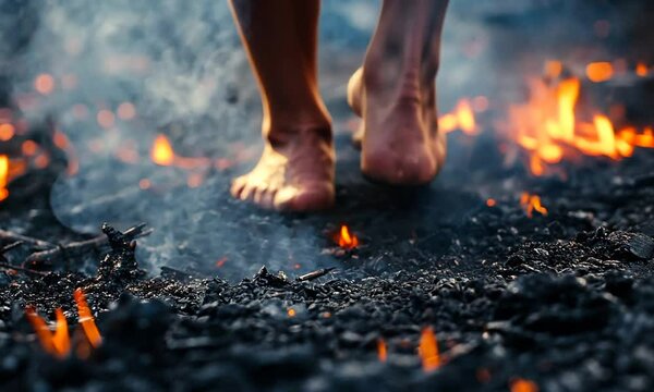 A person walking barefoot on glowing embers, showcasing resilience and daring spirit.